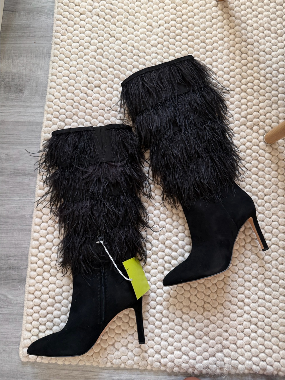 Black Feather Trim Knee-High Stiletto Boots